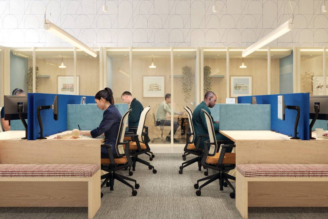 Coworking spaces. Interior renderings of Daybase’s upcoming Harrison location.||